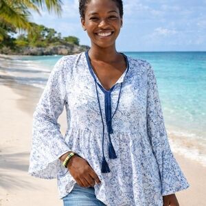 Peasant Boho Babydoll Top Women's M  Bell Sleeve  Flounce Ruffle Blue White